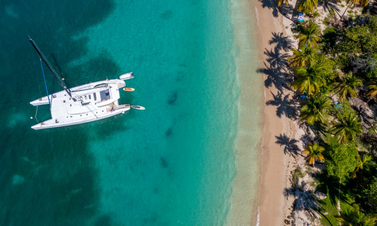 Catamaran et plage de cocotiers vus du ciel