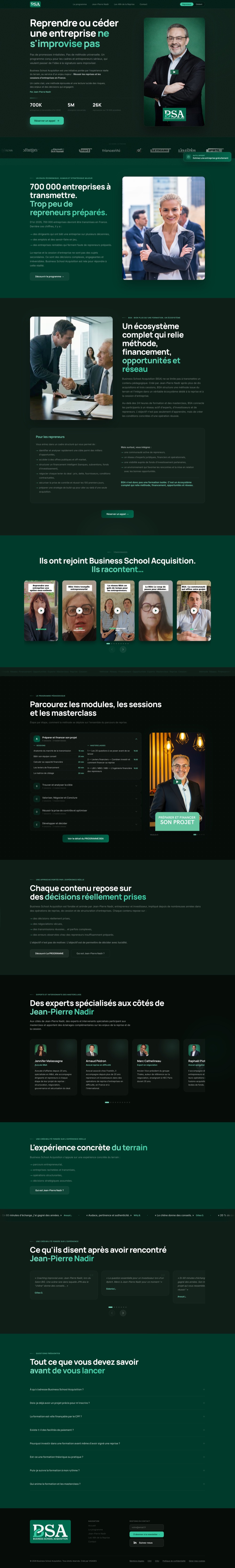 Page du site Business School Acquisition : identité premium, verts profonds et accents menthe sur fonds sombres