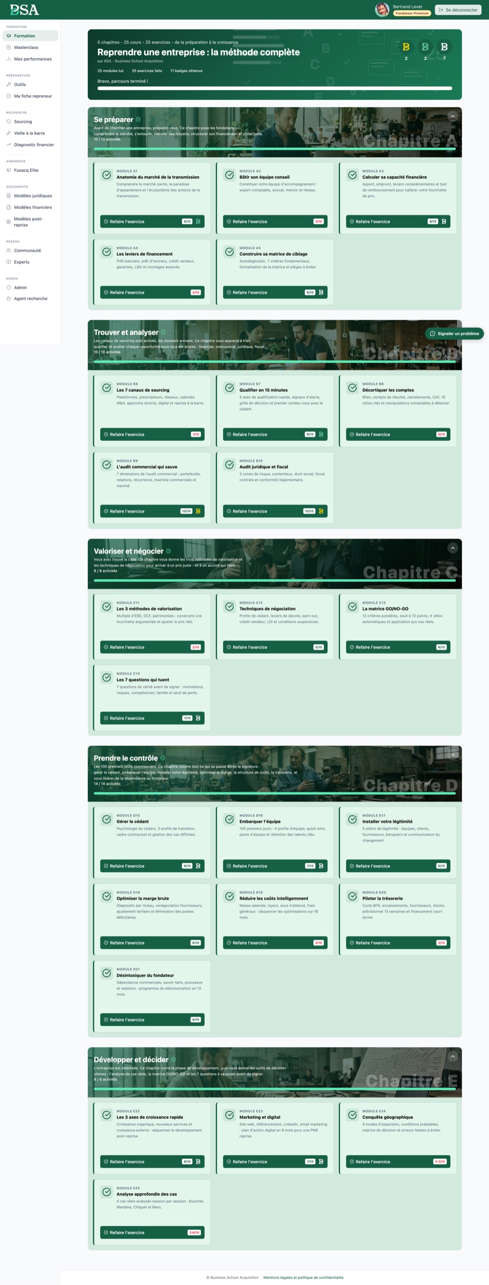 Plateforme de formation Business School Acquisition : espace membre e-learning, interface sobre en verts profonds