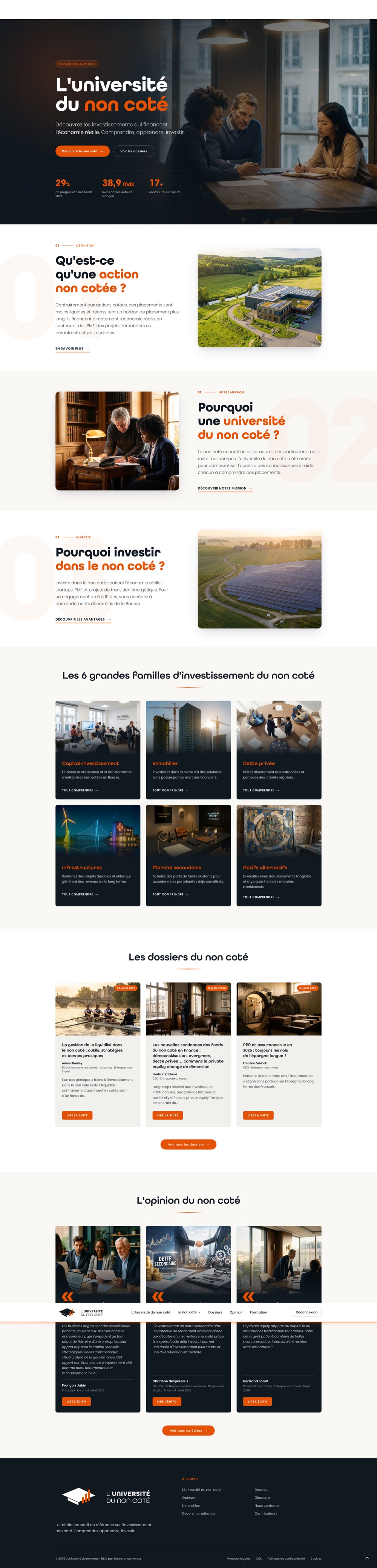 Page du site lenoncote.fr : média éditorial sur l'investissement non coté, palette orange et noir profond